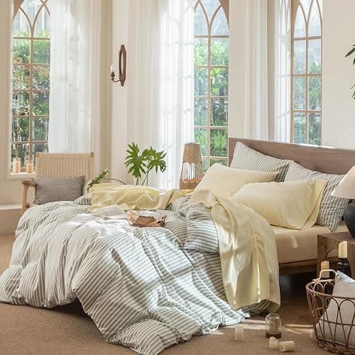 MooMee Bedding Sheet Set 100% Washed Cotton Linen Like Textured Breathable Durable Soft Comfy (Heathered Butter Yellow, Full) thumbnail 3