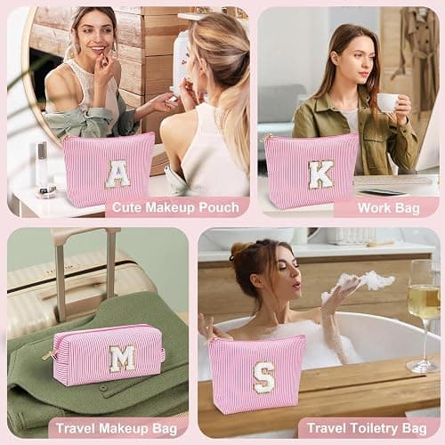 YOOLIFE Initial Makeup Bag for Girls, Travel Cosmetic Bag with Small Makeup Brush Bag Cute Makeup Bag Toiletry Travel Bag Personalized Wife Friend Gifts Makeup Birthday Gifts for Women Her Pink R thumbnail 8