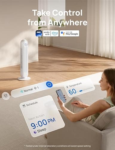 Dreo Tower Fan for Bedroom, 25ft/s Smart Standing Fans, 90° Oscillating Floor Fan with 4 Modes, 4 Speeds, 8H Timer, 28dB, Bladeless, Remote, 28 dB, Works with WiFi Voice Control thumbnail 7
