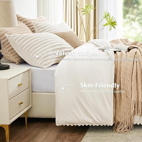 EXQ Home Fluffy Comforter Set Twin Size - Super Soft Faux Fur Stripe Jacquard Comforter 2 Pieces, Cream White Fleece Bedding Set,Winter Warm Bed Set,1 Comforter with 1 Pillowcase thumbnail 3