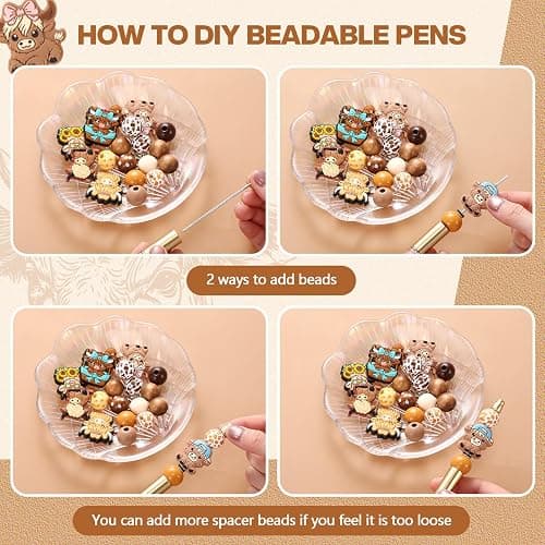 Geyee 12 Set Beadable Pens Assorted Bead Pens Wood Crystal Round Spacer Set Black Ink DIY Ballpoint for Women Men Gift Office Supplies(Multicolor,Cow) thumbnail 5