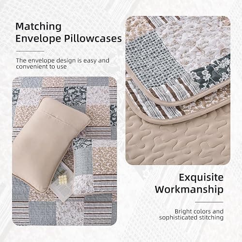 Mybedsoul Patchwork Quilt Set Queen Size, 3 Pieces Blue Brown Floral Plaid Bedspread Coverlet Set, Reversible Soft Microfiber Bedding Set for All Season, Fall Winter Queen 90"x96" thumbnail 6