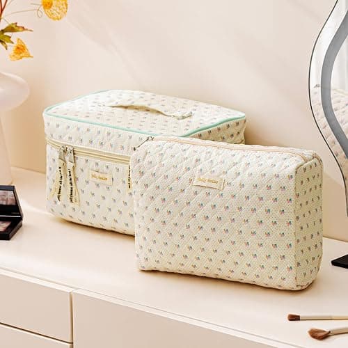 HBselect Quilted Makeup Bag, 3Pcs Cotton Large Travel Makeup Bags Organizer | Cute Floral Make up Bag Cosmetic Bag Toiletry Bag for Women Girls, Makeup Pouch for Skincare, Brushes & Travel Essentials thumbnail 4