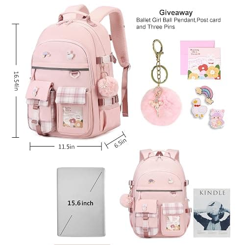 KIDNUO Backpack for Girls, 15.6 Inch Laptop School Bag Kids Kindergarten Elementary College Backpacks Large Bookbags for Teen Girl Women Students Casual Travel Daypacks (Pink) - Large - Pink thumbnail 6