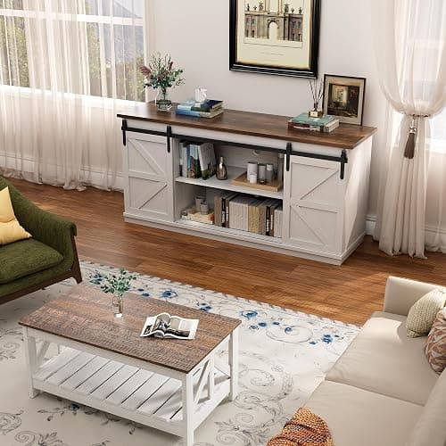 YESHOMY Farmhouse TV Stand for Televisions up to 65 Inches, Sliding Barn Doors and Storage Cabinets, Console Table and Media Furniture for Living Room, 58 Inch, Milk White thumbnail 5