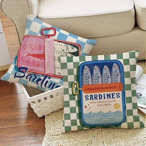 Fjfz Sardines Can Decorative Throw Pillow Covers 18 x 18 Set of 4, Beach Coastal Fish Fisherman Aesthetic Porch Outdoor Home Decor, Retro Nautical Plaid Stripes Argyle Sofa Couch Cushion Case thumbnail 6