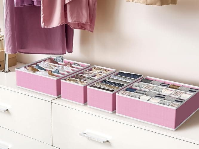 Simple Houseware 4-Pack Drawer Organizer Set - Closet Dividers for Underwear, Socks, Bras, Scarves, Ties - Foldable Non-Woven Storage Boxes, Pink thumbnail 2
