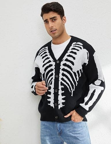 Arssm Men Skeleton Cardigan Sweater Oversized Fall Graphic Long Sleeve Knit Y2K Button Down V Neck Sweater Outwear thumbnail 4