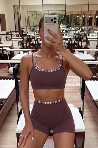 OMKAGI Workout Sets for Women Cute Doubel Layer Sports Bra Top Gym Outfits | Sexy Open Back Workout Tops Matching Gym Sets, Cute 2 Piece Workout Sets, soft Elastane, High Impact Biker Shorts Gym Outfit thumbnail 3