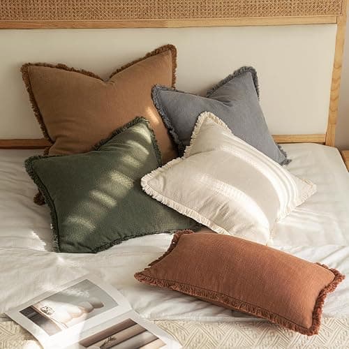 MIULEE Set of 2 Linen Throw Pillow Covers Decorative Boho Square with Tassels Farmhouse Cushion Covers Olive Green Accent Pillowcase with Fringe for Couch Sofa Bed Living Room Spring 20x20 Inch thumbnail 5