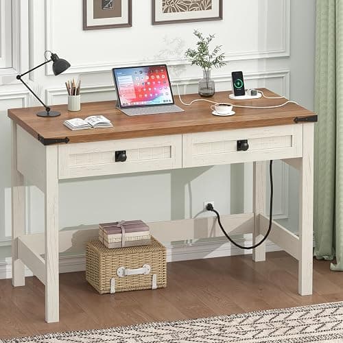 YOMILUVE Farmhouse Computer Desk with 2 Drawers, 39 Inch Small Office Computer Desk with Power Outlets, Compact Writing Study Desk for Small Spaces, Antique White - Image 1