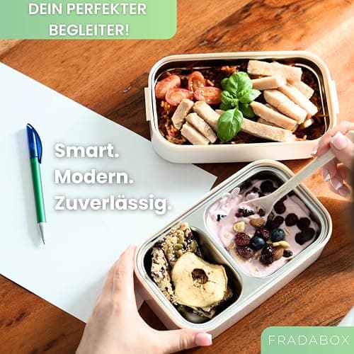 FRADABOX® Bento Lunchbox „Taylor“, 2 Etagen mit Fächern, Premium Edelstahl, BPA-freie Brotdose mit Besteck ideal für unterwegs, Meal Prep Bento Box für Erwachsene auslaufsicher und mikrowellengeeignet thumbnail 7
