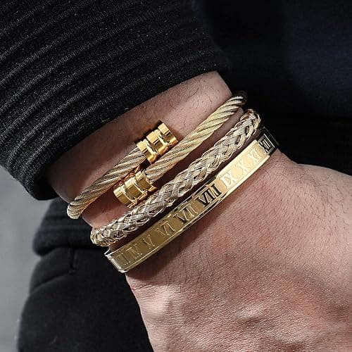 WFYOU 3PCS Stainless Steel Bracelets for Men Gold Roman Numeral Bangle Bracelet Twisted Cable Bracelet Adjustable Cuff Bracelet Mens Luxury Jewelry Bracelets Gifts thumbnail 7