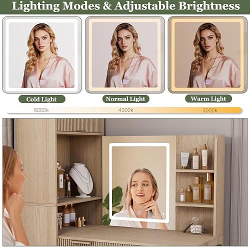Royal Windsor Makeup Vanity Desk with Mirror and Lights, Corner Vanity Desk, 3 Color Touch Screen Led Mirror, High-Capacity Storage, Girls Vanity Combo，Natural Oak thumbnail 5