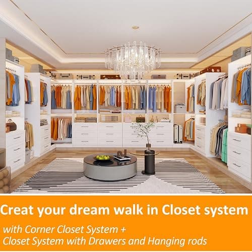 Secilix Closet System with 3 Wooden Drawers, 4.5-6FT Corner Closet Organizer System for Walk in Closet, Heavy Duty Modular Closet Systems, Built-in Shelving System with 5 Hanging Rods, 2-Piece Set thumbnail 3