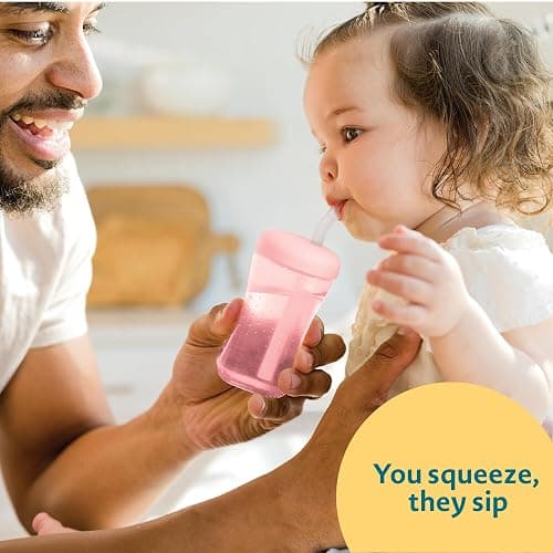 The First Years Squeeze & Sip Toddler Straw Cups - Squeezable Transition Sippy Cup with Silicone Straw - Toddler Feeding Supplies - Pink/Purple/Blue - 7 Oz - 3 Count - Ages 6 Months and Up thumbnail 4