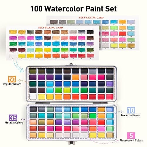 Watercolor Paint Set 100 Colors botkc Travel Water Colors kit with 7 Brushes 8 Watercolor papers Palette set Including Metallic and Accessories Art Supplies Gifts for Kids Artists Teens Adults and Hobbyists thumbnail 4
