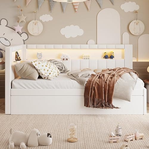 MKABAK Twin Size Daybed with Trundle and L-Shaped Bookshelf Headboard, Linen Upholstered Soft Corner Bed with Storage Shelves, Charging Station and LED Belt for Kids Boys Girls, White thumbnail 3
