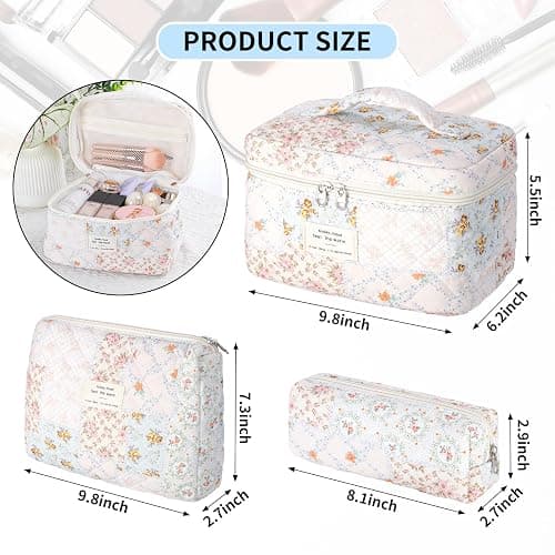 senbowe Floral Makeup Bag, 3 Pack Large Cotton Quilted Makeup Bag Set, Cute Floral Coquette Aesthetic Toiletry Bag Make Up Cosmetic Bag for Women, Toiletry Travel Make Up Organizer Bag thumbnail 2