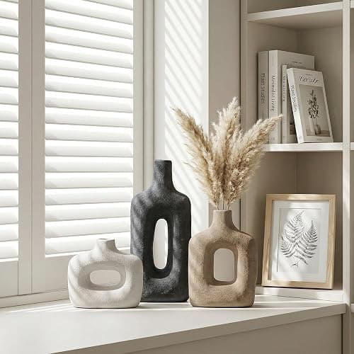 DREAMLOOM Ceramic Vase Set of 3, Modern Rustic Flower Vases for Pampas Grass, Dried & Fresh Flowers, Farmhouse Decorative Vase for Living Room Bedroom Kitchen Shelf Centerpiece, Black thumbnail 5