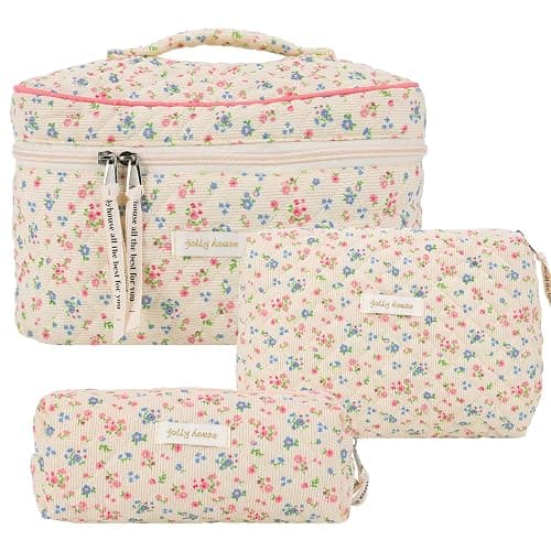 CHAMAIR Quilted Floral Makeup Bag - Coquette Skincare Bag Aesthetic Cosmetic Bag Cotton Toiletry Bag Large Capacity Travel Make Up Bag for Women Ladies Girls (Style B92) - Image 1