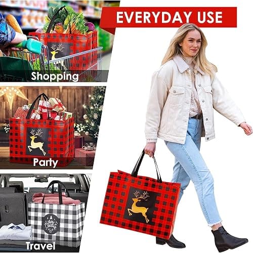 YANGTE 16 Pack Extra Large Christmas Gift Bags, Reusable Tote Bags with Handle Non-Woven Christmas Grocery Shopping Totes for Holiday Xmas, 16.9 * 12.6 * 6.8" thumbnail 5
