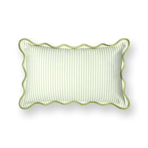 Hofdeco Premium Coastal Patio Indoor Outdoor Scalloped Lumbar Pillow Cover Only, 12"x20" Water Repellent for Backyard, Couch, Green Print Stripes thumbnail 6