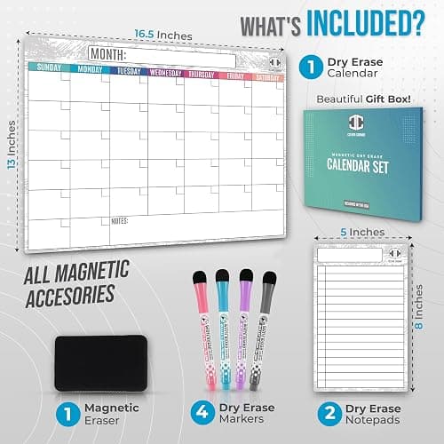 CLEVER CORNER Dry Erase Magnetic Calendar for Refrigerator 16.5x13; 2 Wide Notepads; 4 Markers; Eraser - No Stain Monthly Fridge Calendar Whiteboard thumbnail 3