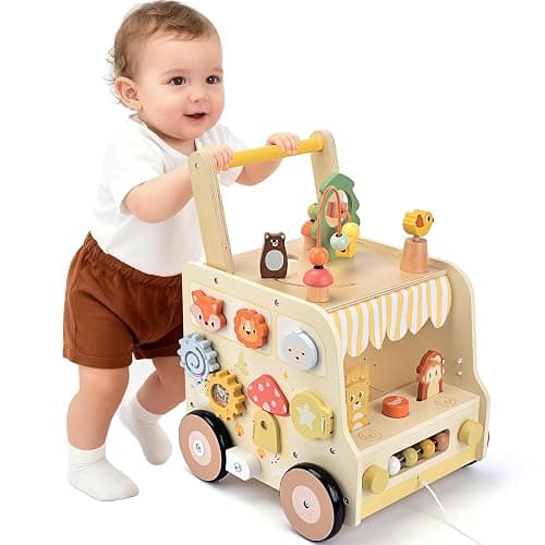Pithfor Wooden Activity Cube Push Walker, Wooden Baby Walker, Montessori Toys for Babies 10-12 Months 1 2 3 Years Old Boys & Girls, Help Learning to Walk & Sit-to-Stand - Image 1