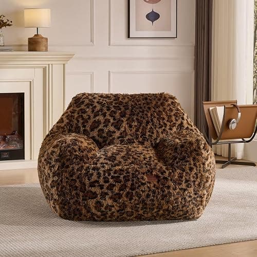Leopard Print Faux Fur Bean Bag Chair with Armrests, Ultra-Soft Fluffy Sofa for Bedroom Living Room, Foam Filled Floor Chair (Cheetah Print Brown) - Image 1