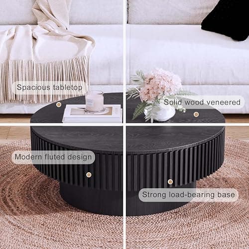 Round Coffee Table with Storage, Modern Wooden Coffee Table with Solid Wood Veneered, Circle Center Table Accent Tea Table for Living Room Apartment Small Space (31.5''L × 31.5''W × 14''H, Black) thumbnail 4