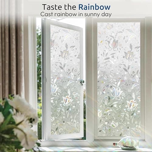 rabbitgoo Window Privacy Film, Decorative Stained Glass Window Film, Sun Blocking Glass Clings, Renter-Friendly Static Cling Frosted Sticker Covering for Home Door, Rainbow Tulip 35.4" x 78.7" thumbnail 5
