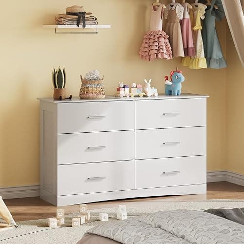 WLIVE White Dresser with 6 Drawers, Wide Wooden Chest of Drawers for Bedroom, Large White Storage Tower Unit, Modern Minimalist Closet Store Organizer for Living Room, Hallway thumbnail 6