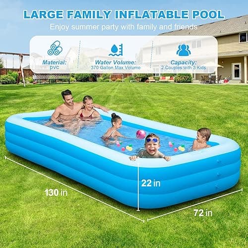 Longten Large Inflatable Pool with Pump, 130" x 72" x 22" Oversized Thickened Blow Up Pools for Adults, Family Swimming Pool for Backyard, Outdoor, and Summer Water Party - light blue thumbnail 2