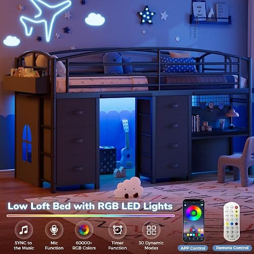 Low Loft Bed Twin Size with 7 Storage Drawers, Desk and LED Lights, Heavy Duty Metal Kids Loft Bed with 13.8" H Safety Guardrail, Anti-Collision Pad, Private Play Curtain, Under-Bed Play Space - Black thumbnail 5