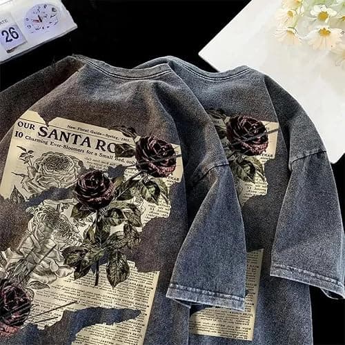 Lubpow Mens Acid Wash Tshirt Oversized Vintage Graphic T-Shirts Cool Grunge Rose Floral Shirt Trendy Y2K Streetwear Tee Tops thumbnail 6