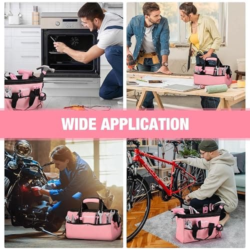 WORKPRO 13-Inch Tool Bag, Pink Soft Cloth Tool Storage Bags, Wide Mouth Tool Tote Bag with Inside Pockets - Pink Ribbon thumbnail 8