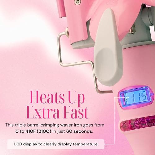 Alure Three Barrel Curling Iron Wand Hair Waver with LCD Temperature Display - 1 Inch Ceramic Tourmaline Triple Barrels, Dual Voltage Crimp (White/Pink) thumbnail 4