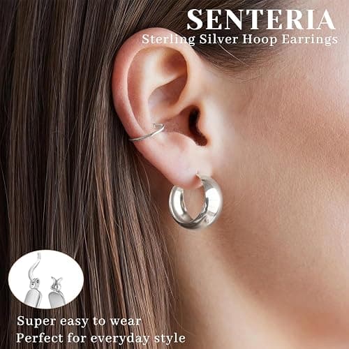Senteria 12mm Wide Thick Hoop Earrings 925 Sterling Silver Hoop Earrings for Women Hypoallergenic 14K Real Gold Plated Hoops Large Earring Lightweight Chunky Hoops Earring for Women 25/30/40/50MM thumbnail 2