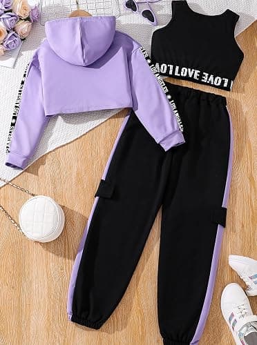 Hilinker Girls Graphic 3 Piece Outfits Workout Hoodie Crop Tank and Sweatpants Set thumbnail 2