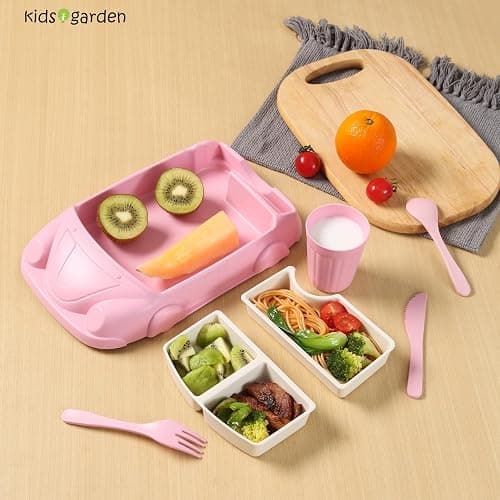 Kids garden Car Plate 8Pcs/Set Bamboo Children Dinnerware Sets - Dishwasher/Microwave Safe Includes Cutlery, Beautiful Plate, Separable Bowls & Cup Happy MealTime, Pink thumbnail 6