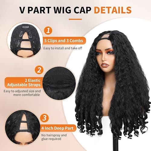Geogroket Afro Curly V Part Wig Kinky Curly Wigs for Black Women 180% Density Wear and Go Glueless Wig with Unique Bouncy Curls in the End Synthetic Black No Leave out Clip in 24 Inch(#1B) thumbnail 3