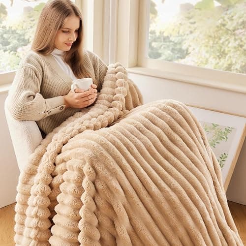NEWCOSPLAY Super Soft Throw Blanket Brown Premium Silky Flannel Fleece 3D Ribbed Jacquard Lightweight Bed Blanket All Season Use (Brown Ribbed, Throw(50"x60")) thumbnail 2