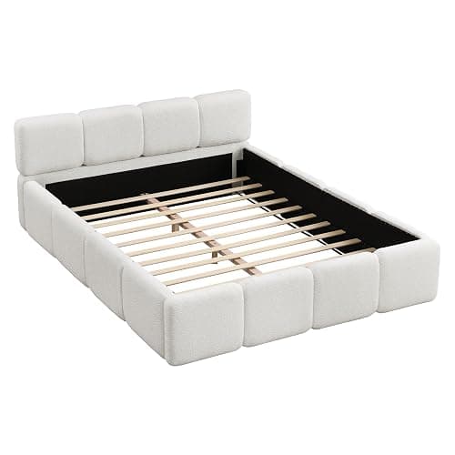 Harper & Bright Designs Queen Size Platform Bed Frame, Floor Platform Bed Grounded Bed Frame with Thick Headboard and Footboard, Block Style, White thumbnail 8
