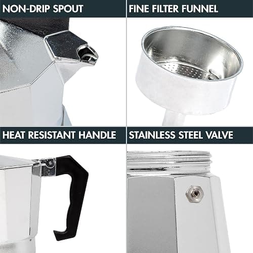 Primula Classic Stovetop Espresso and Coffee Maker, Moka Pot for Italian and Cuban Café Brewing, Greca Coffee Maker, Cafeteras, 6 Espresso Cups, Silver thumbnail 5
