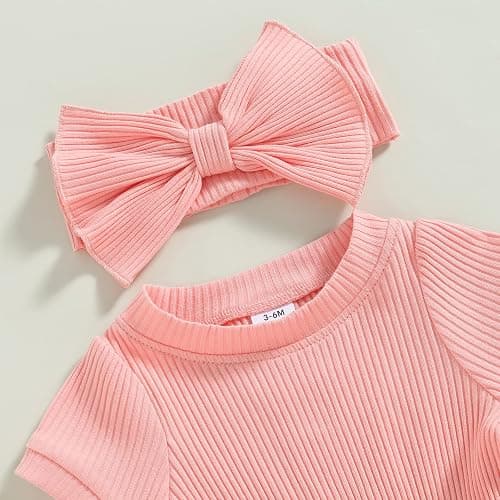FOMOYUU Newborn Baby Girl Clothes Summer Short Sleeve Jumpsuit Romper with Bow Headband Knit Ribbed Outfits thumbnail 5