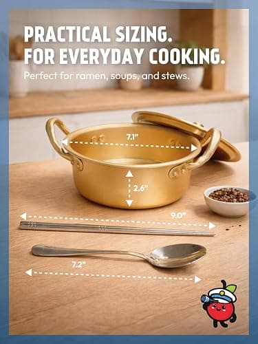 Captain Cranberry Korean Ramen Pot Set (with Lid, 304 Stainless Steel Spoon & Chopsticks), Gold Korean Ramen Noodle Pot, 30.7oz/900ml, Double Handle, Fast Heating Stovetop Cooking Pot for Shin Ramyun thumbnail 2