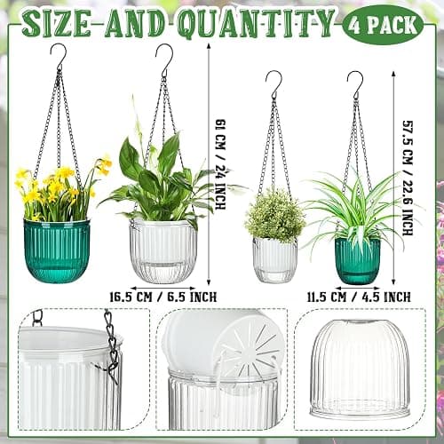 Maxcheck 4 Pcs Self Watering Hanging Planters Indoor Gift 6.5'' 4.5'' Hanging Flower Pots Baskets Outdoor Self Watering Plant with 3hooks Drainage Holes for Home thumbnail 3
