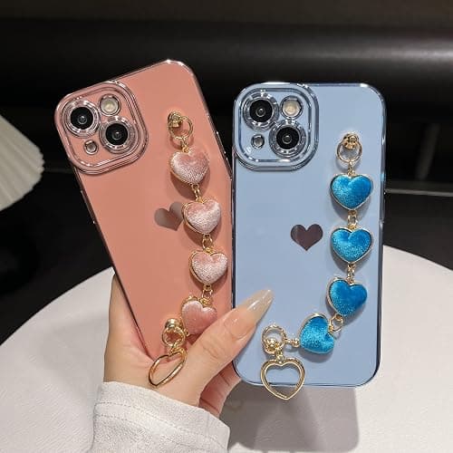Caseative for iPhone 15 Case,Cute Plating Love Heart Wrist Strap Chain Bracelet Phone Case (Black) thumbnail 3