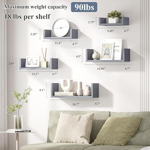 SRIWATANA Floating Shelves for Wall, Wall Shelves for Bathroom, Bedroom, Living Room, Kitchen, Office, Wood Shelves for Home Decor Set of 5 (Weathered Grey) thumbnail 5